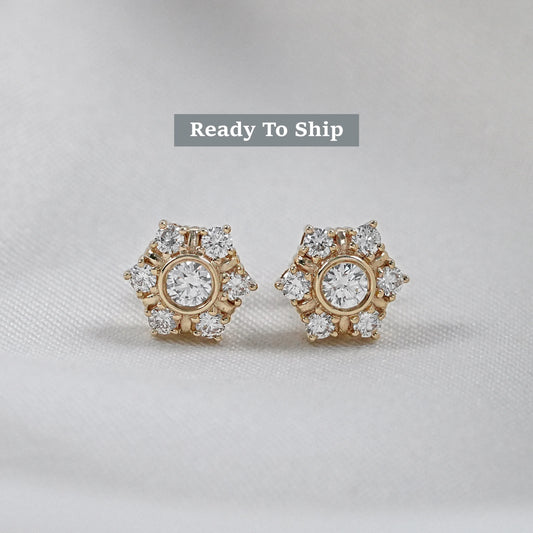 Round Lab Grown Diamond Hexagon Halo Stud Earrings