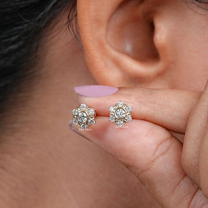 Round Lab Grown Diamond Hexagon Halo Stud Earrings