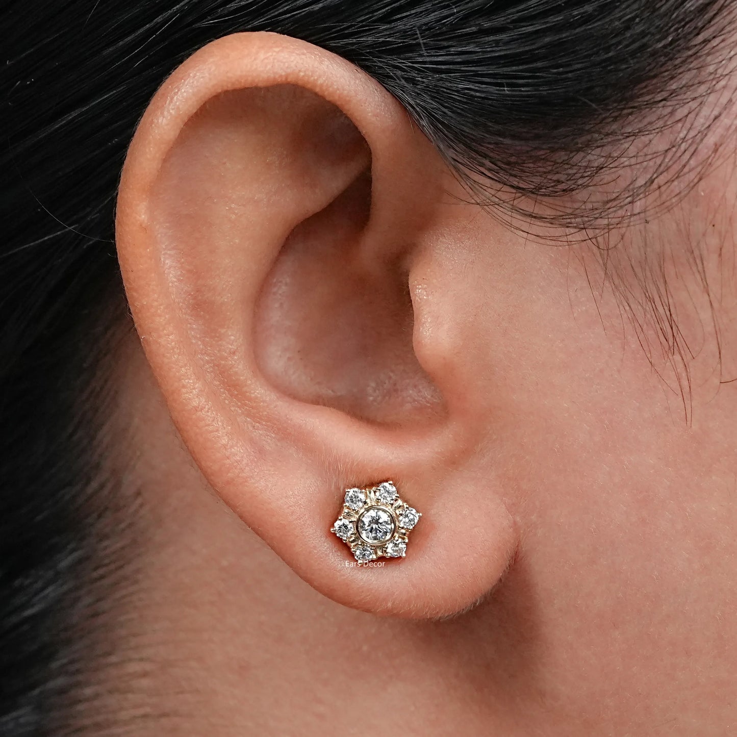 Round Lab Grown Diamond Hexagon Halo Stud Earrings