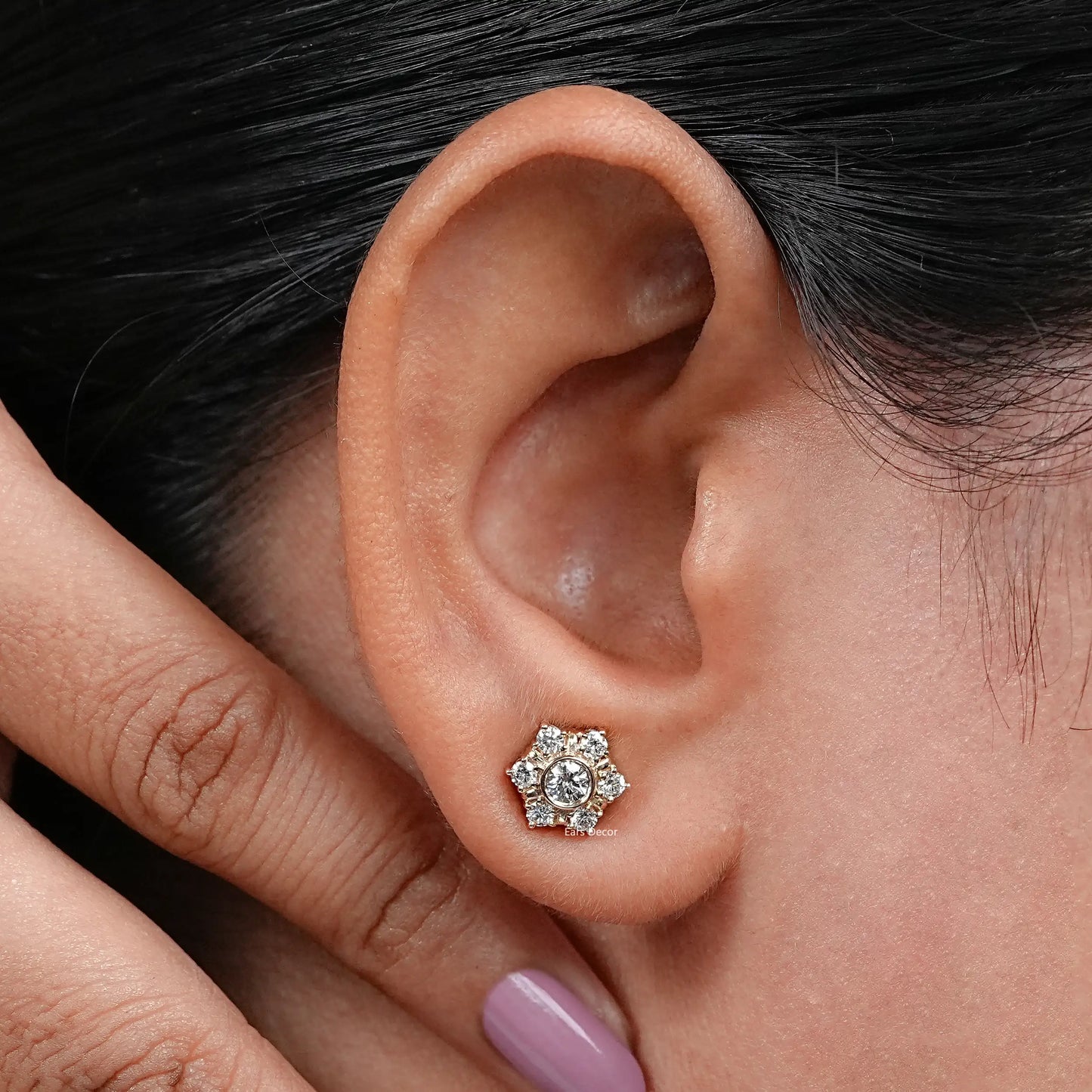 Round Lab Grown Diamond Hexagon Halo Stud Earrings