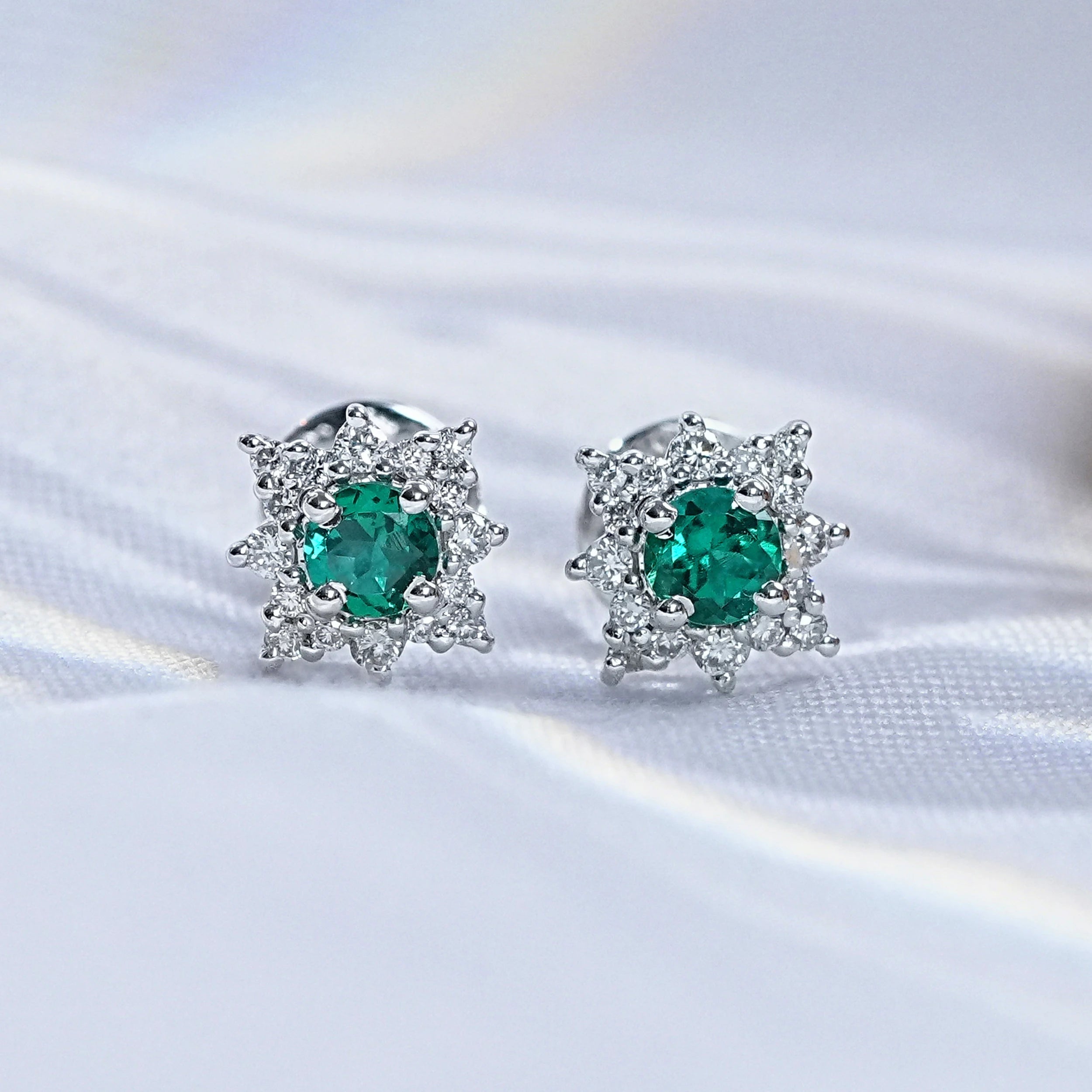 Emerald Round Gemstone Cluster Stud Earrings