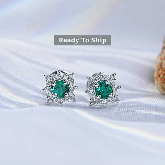 Emerald Round Lab Diamond Cluster Stud Earrings