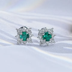 Emerald Round Gemstone Cluster Stud Earrings