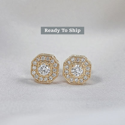 Octagon Shape Round Diamond Halo Stud Earrings