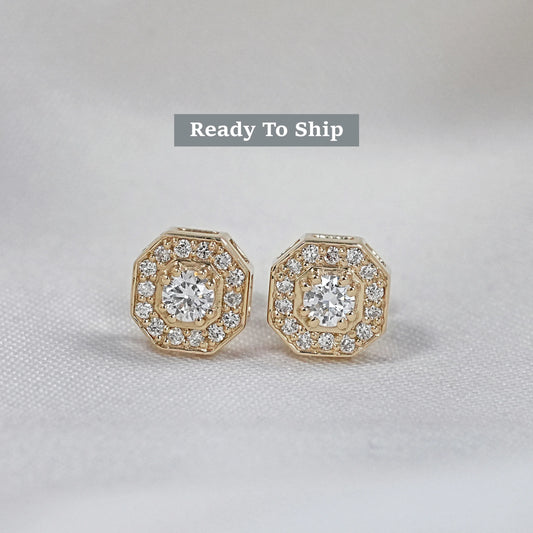 Octagon Shape Round Diamond Halo Stud Earrings