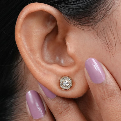Octagon Shape Round Diamond Halo Stud Earrings