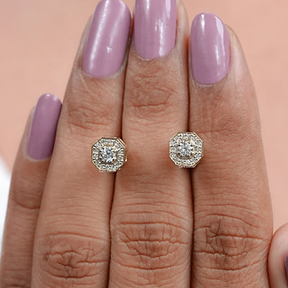 Octagon Shape Round Diamond Halo Stud Earrings