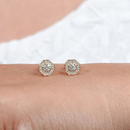 Octagon Shape Round Diamond Halo Stud Earrings