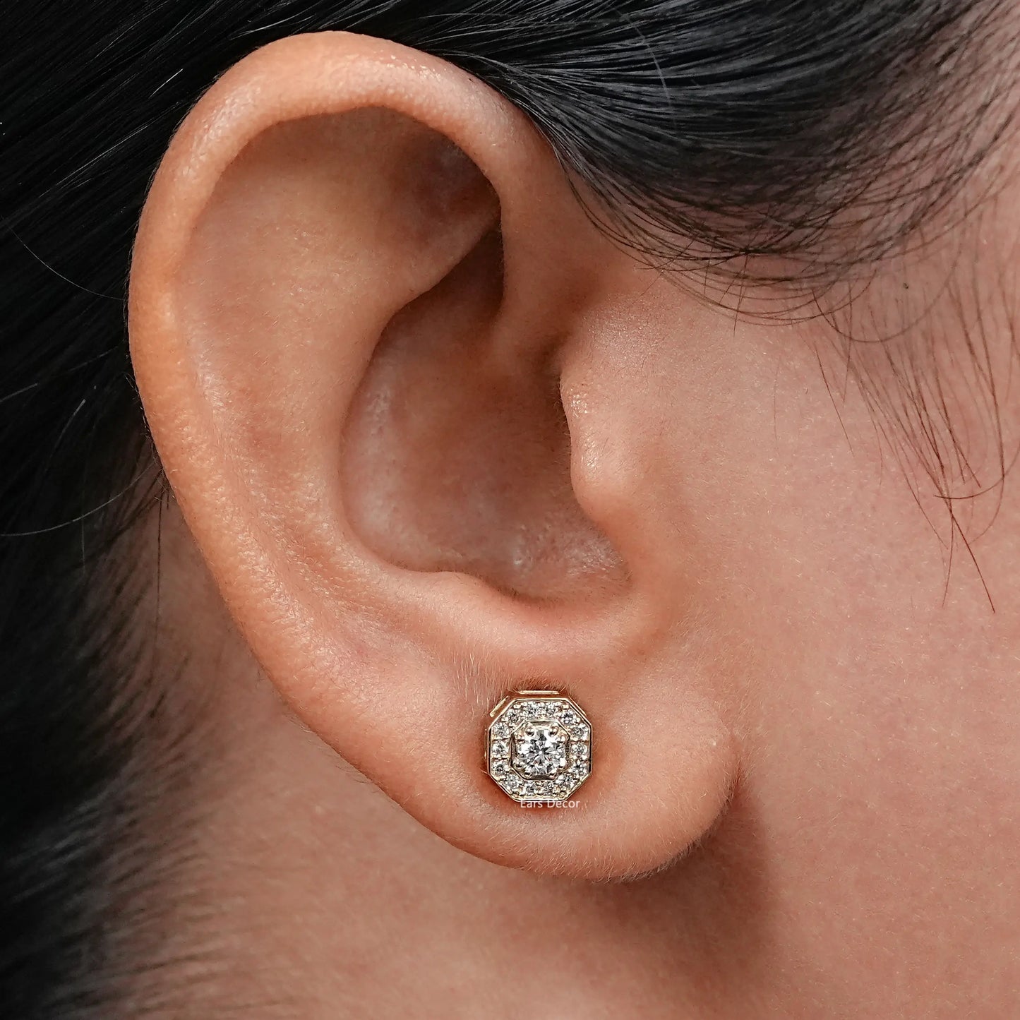 Octagon Shape Round Diamond Halo Stud Earrings
