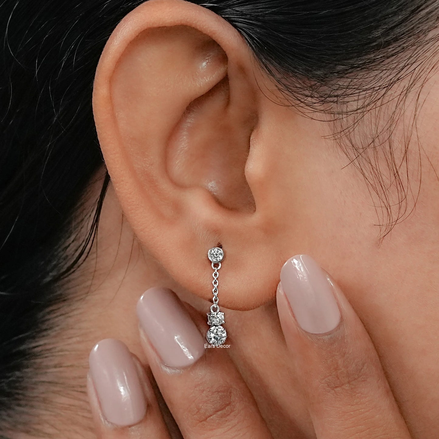 Bezel Set Round Lab Diamond Cable Chain Drop Earrings