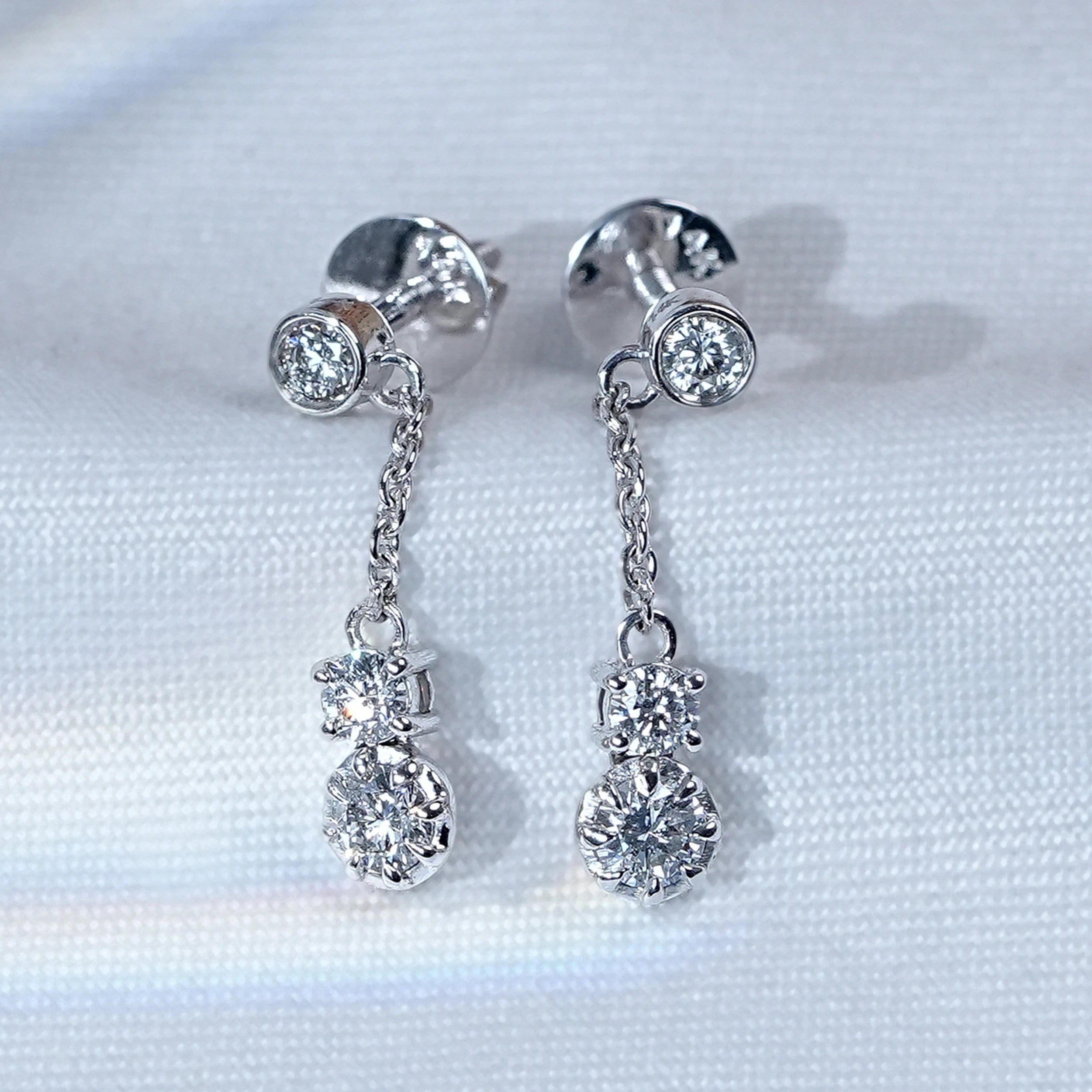Round Cut Lab Grown Diamond Bezel Set Dangle Drop Earrings
