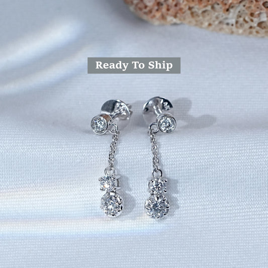 Bezel Set Round Lab Diamond Cable Chain Drop Earrings