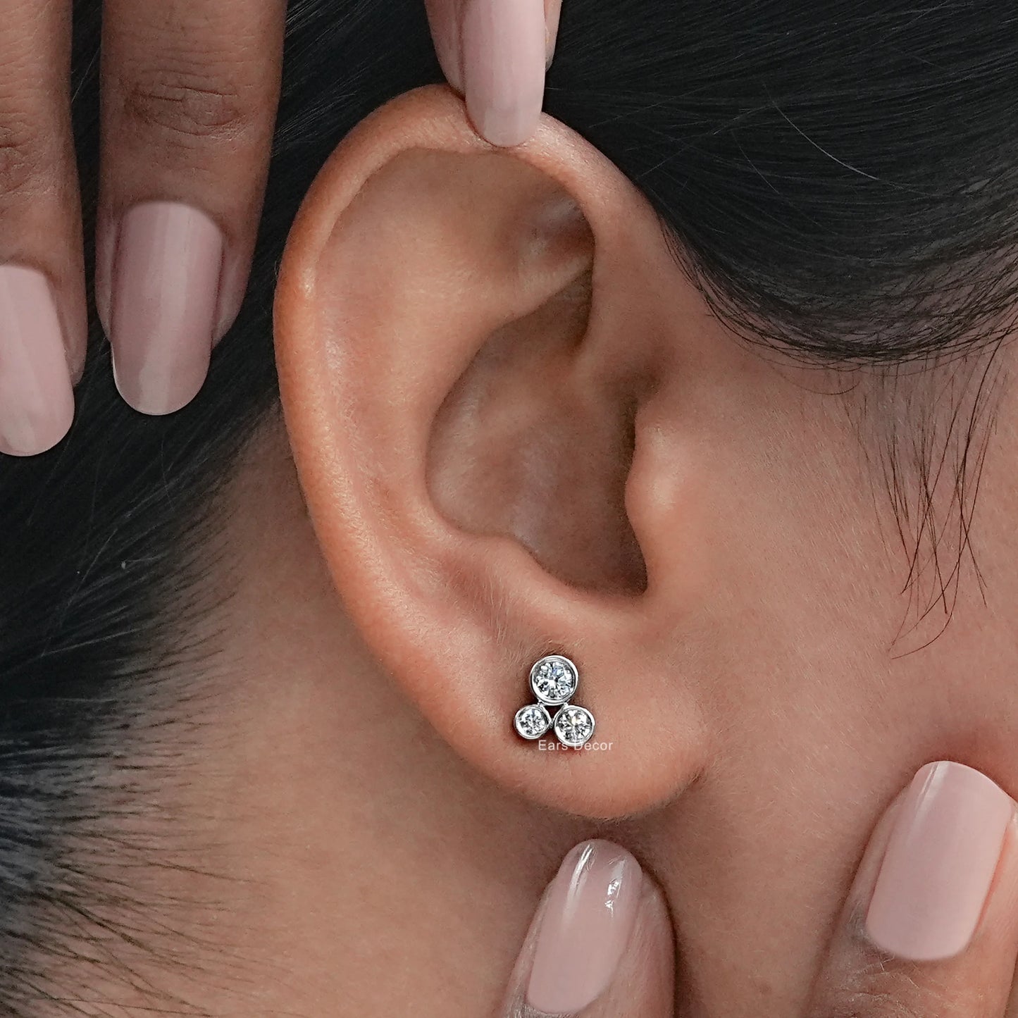 Three Stone Round Lab Grown Diamond Bezel Set Studs