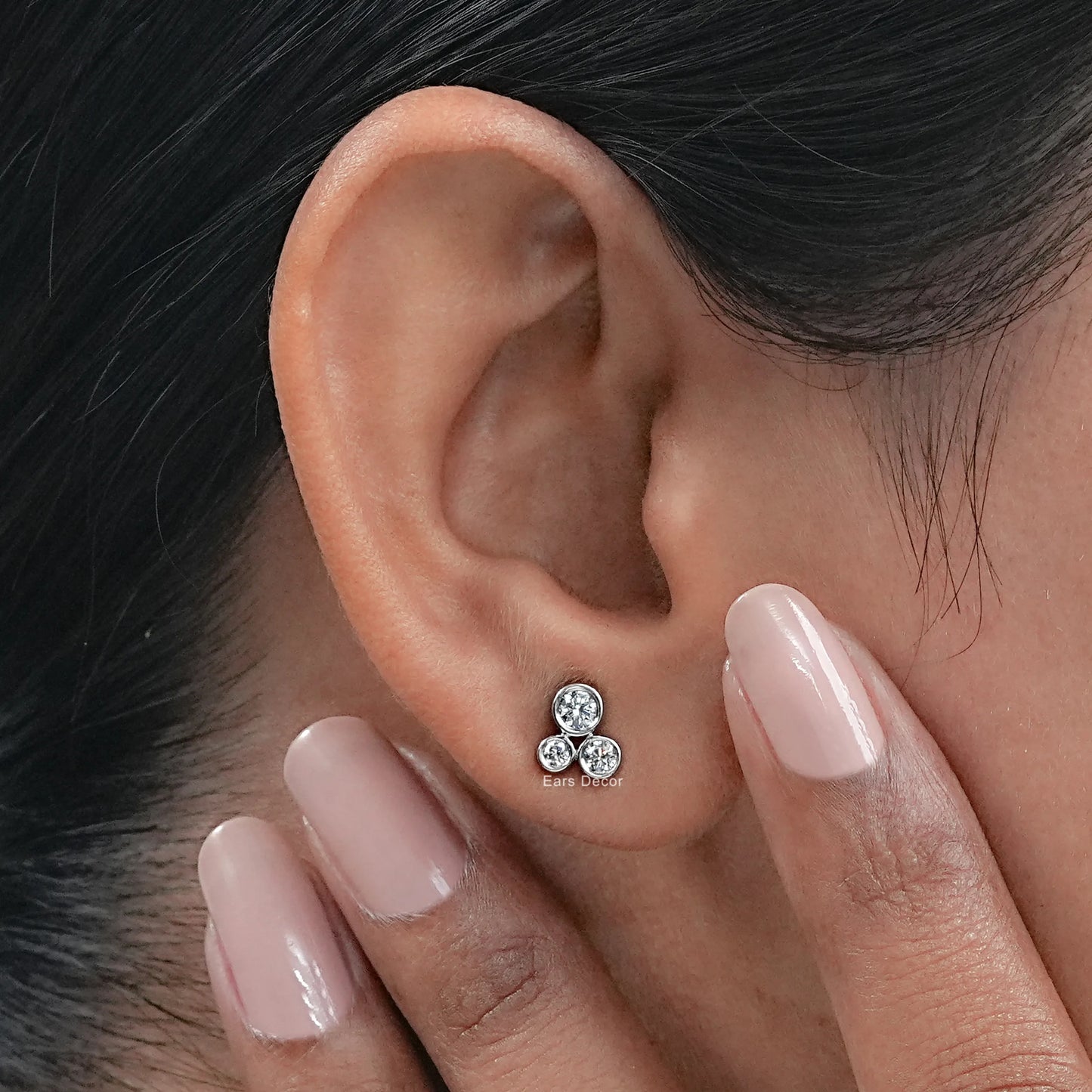 Three Stone Round Lab Grown Diamond Bezel Set Studs
