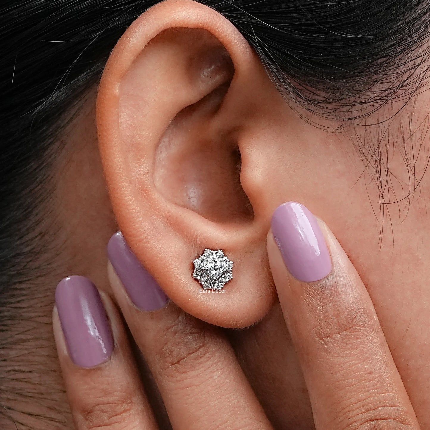 Round Cut Lab Diamond Hexagon Cluster Halo Stud