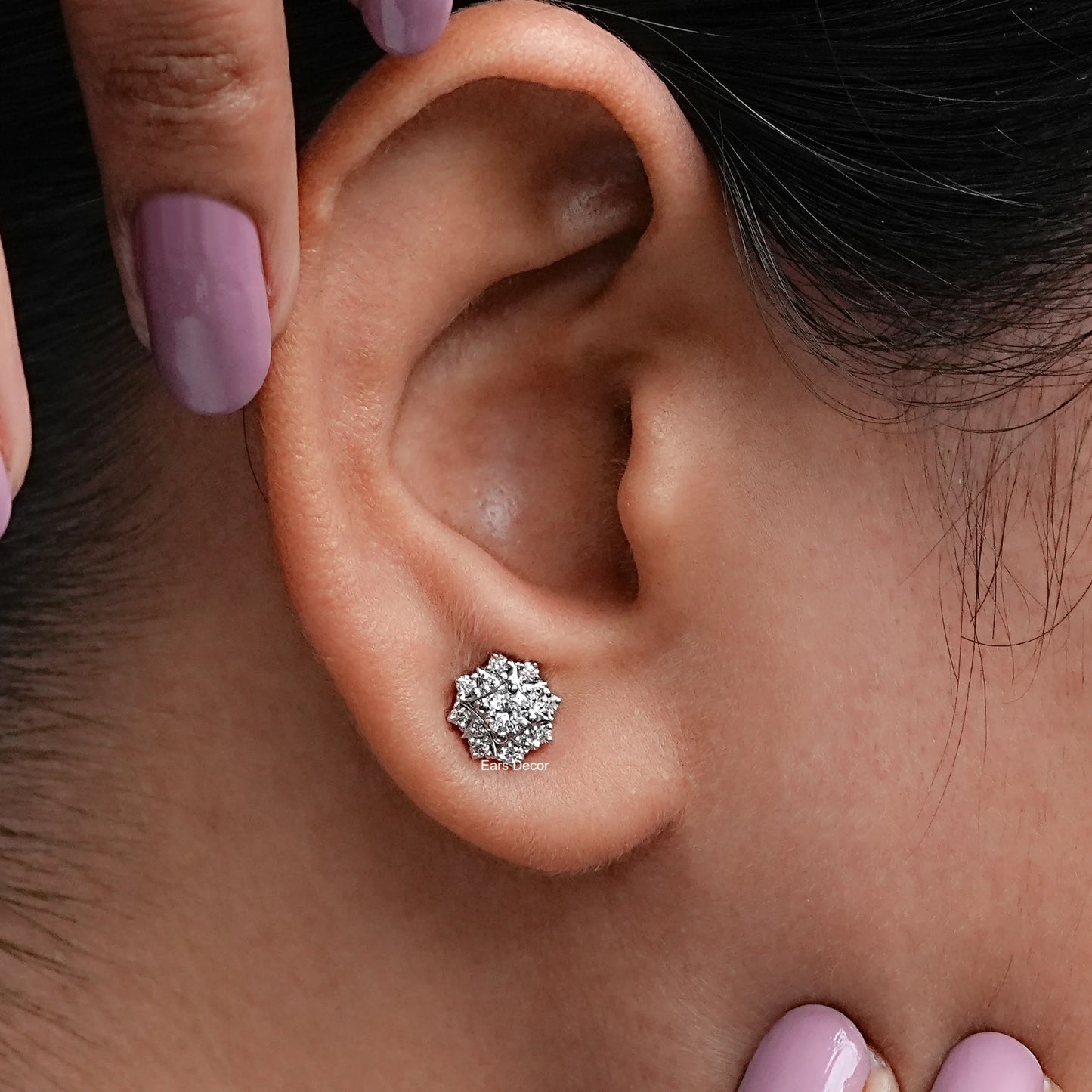 Round Cut Lab Diamond Hexagon Cluster Halo Stud