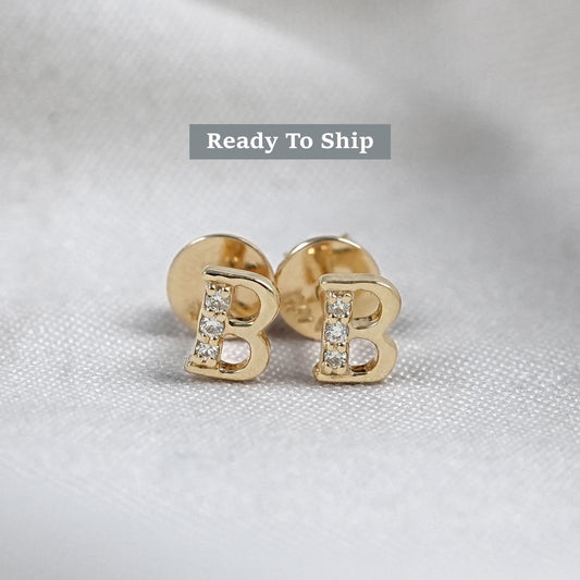 Round Lab Grown Diamond Alphabetic Letter Stud Earrings