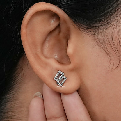 Round Cut Lab Diamond Rectangle Shape Cluster Earrings