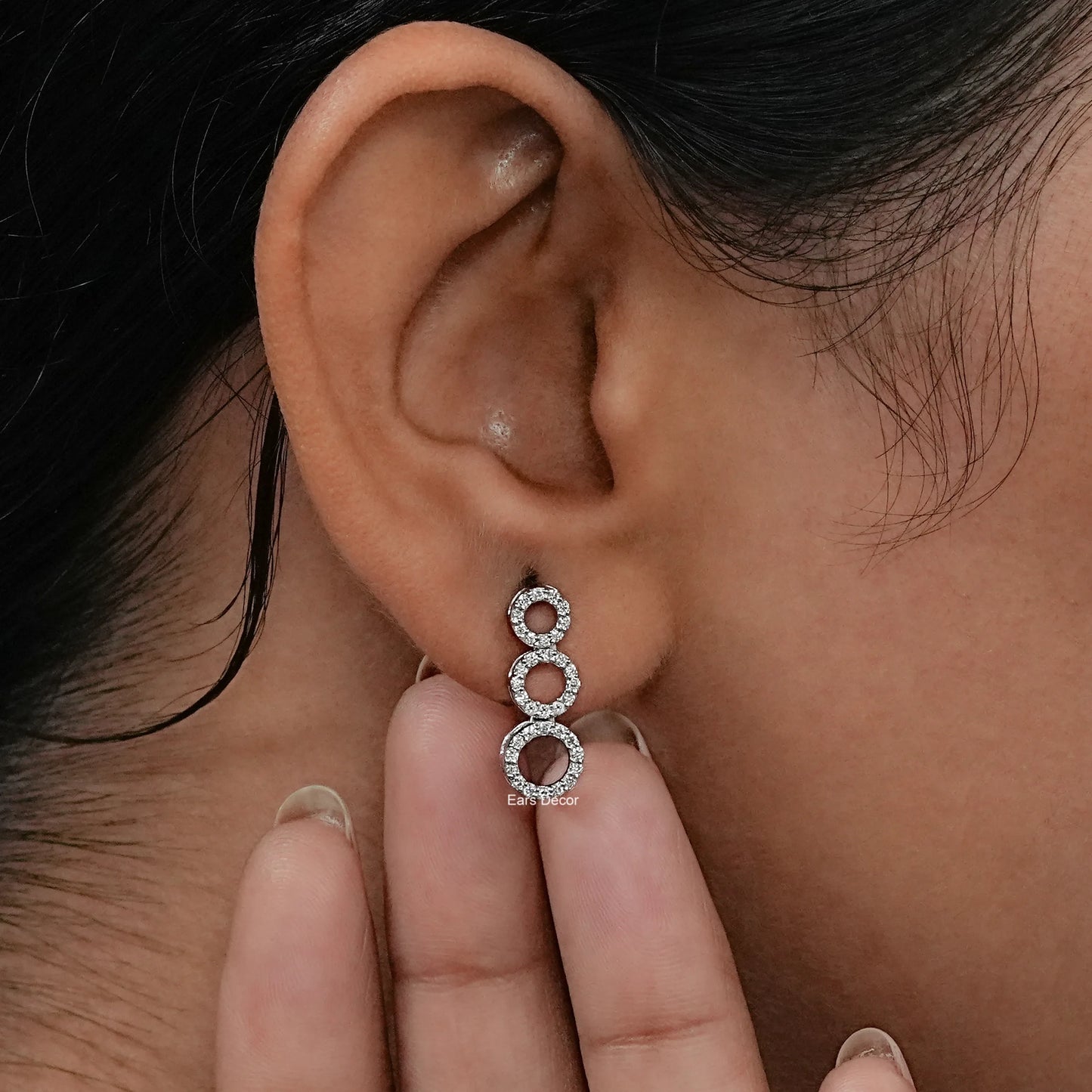 Round Lab Diamond Open Tri Circle Dangle Drop Earrings
