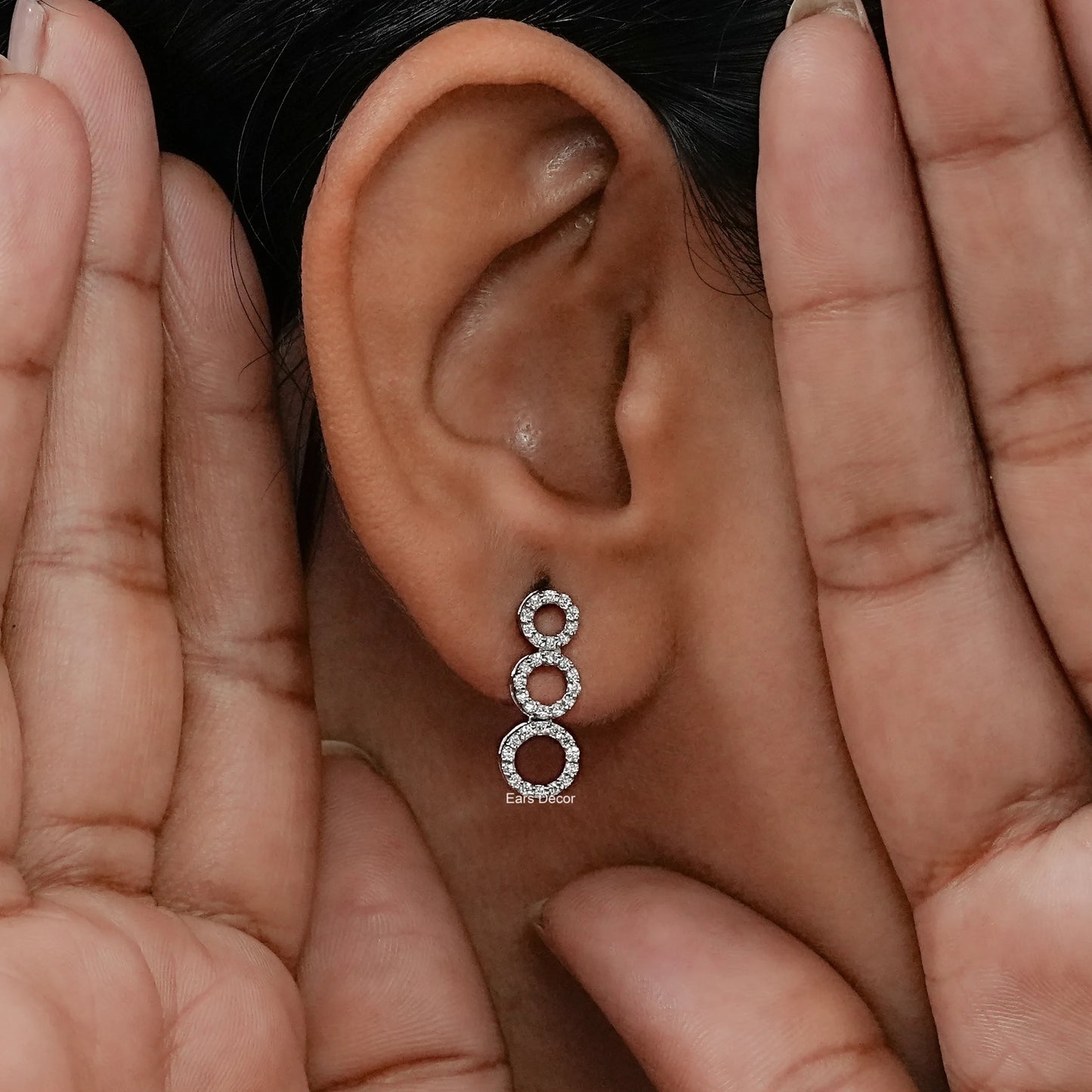 Round Lab Diamond Open Tri Circle Dangle Drop Earrings