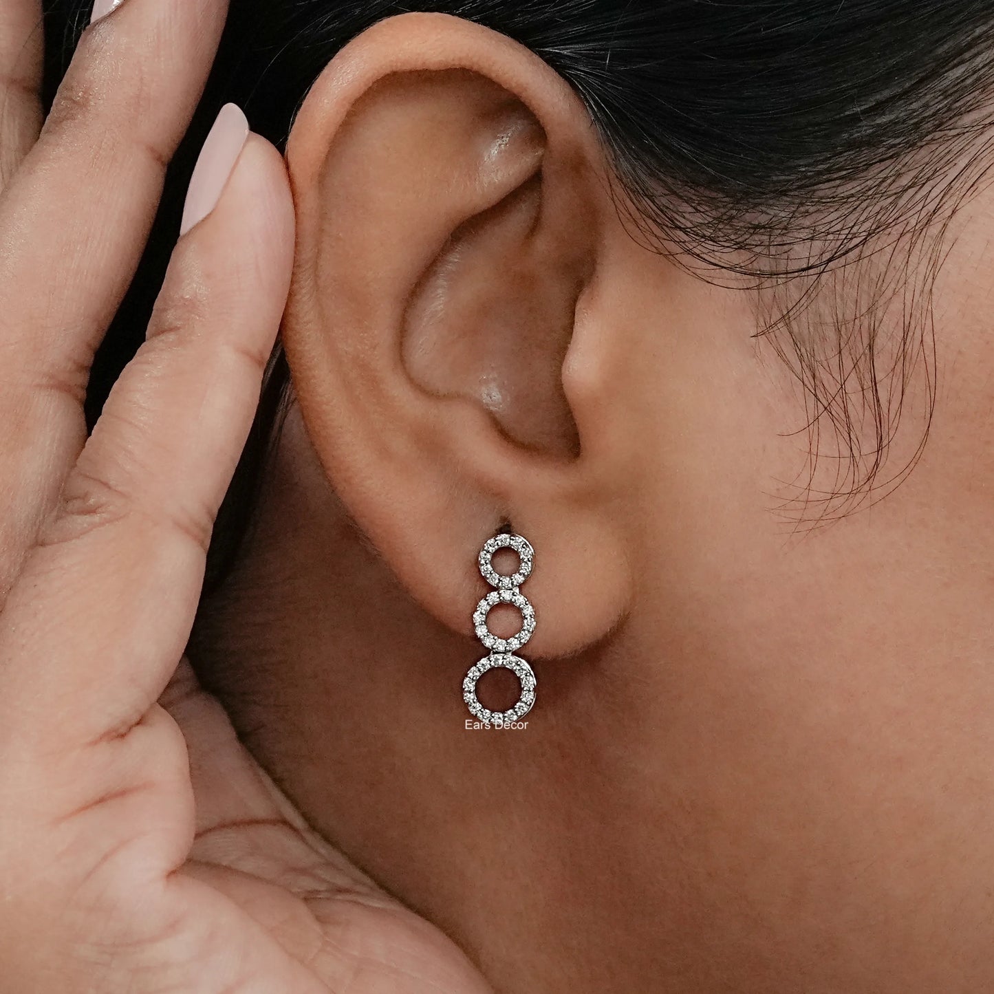 Round Lab Diamond Open Tri Circle Dangle Drop Earrings
