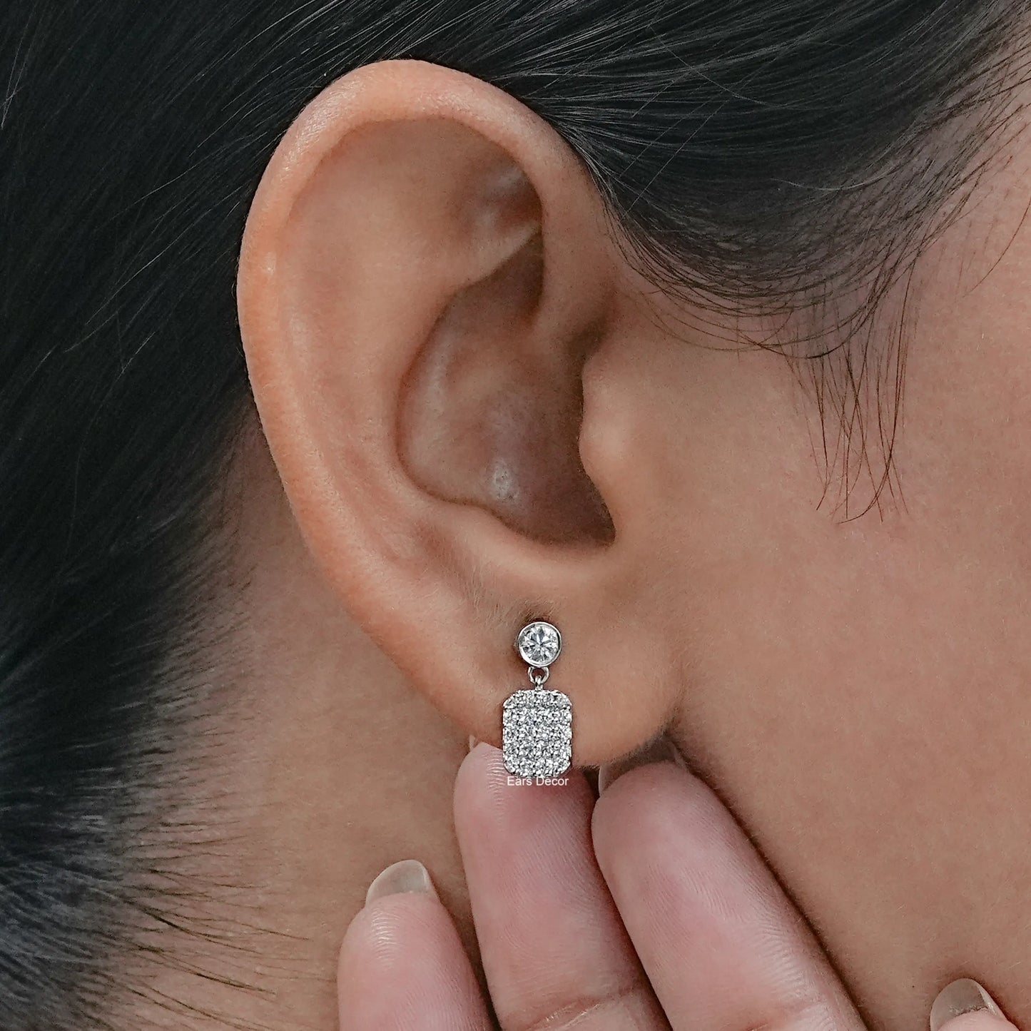 Round Lab Diamond Square Cluster Dangle Earrings