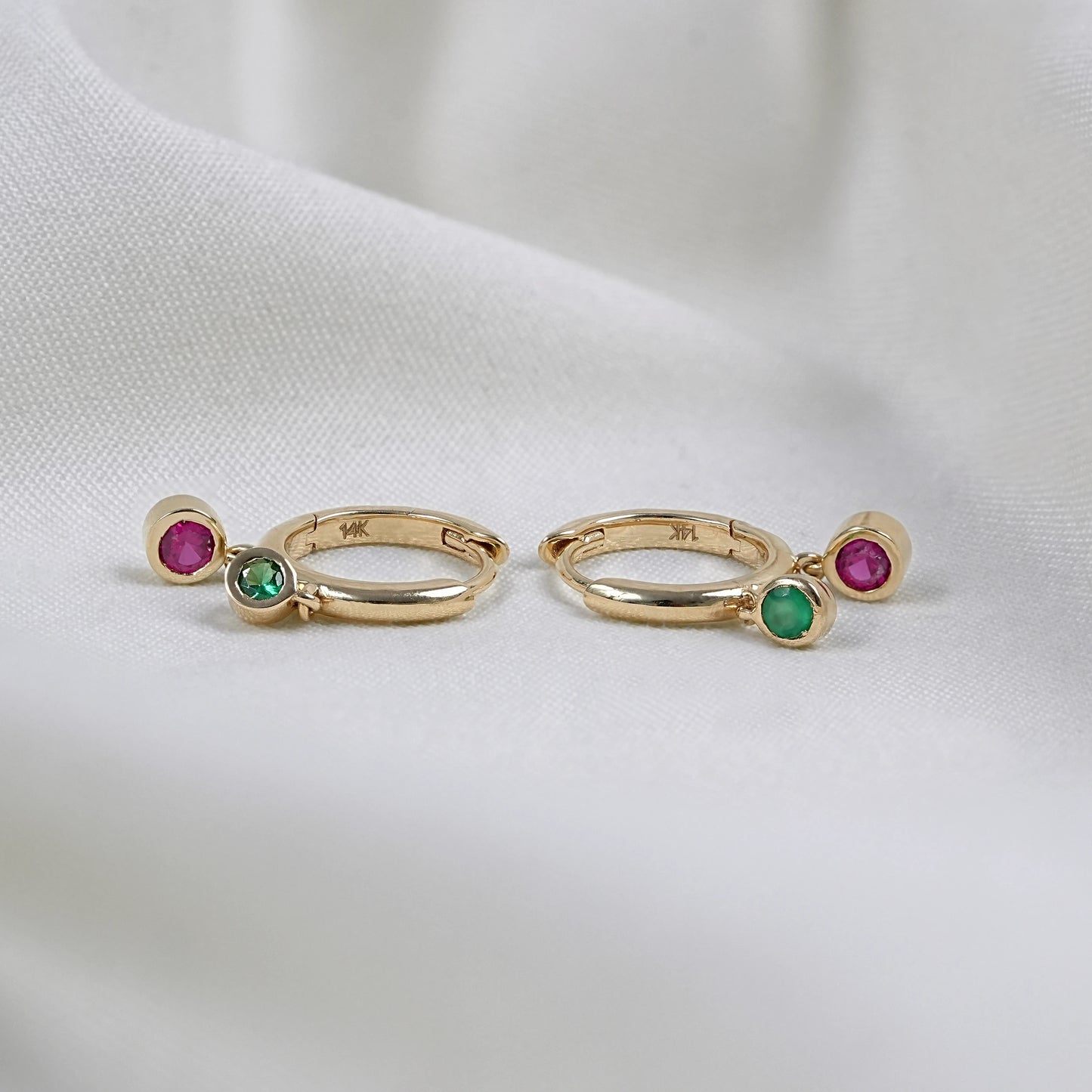 Ruby And Emerald Charm Huggie Hoop Earrings