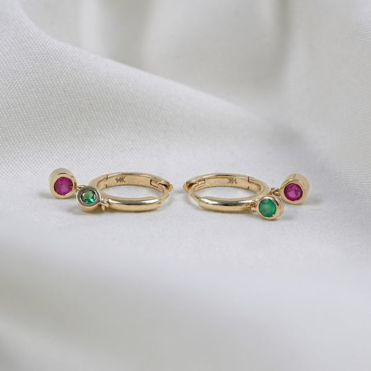 Ruby And Emerald Charm Huggie Hoop Earrings