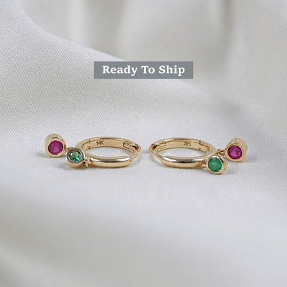 Ruby And Emerald Round Huggie Hoop Earrings