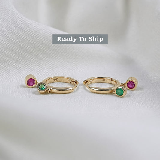 Ruby And Emerald Round Huggie Hoop Earrings