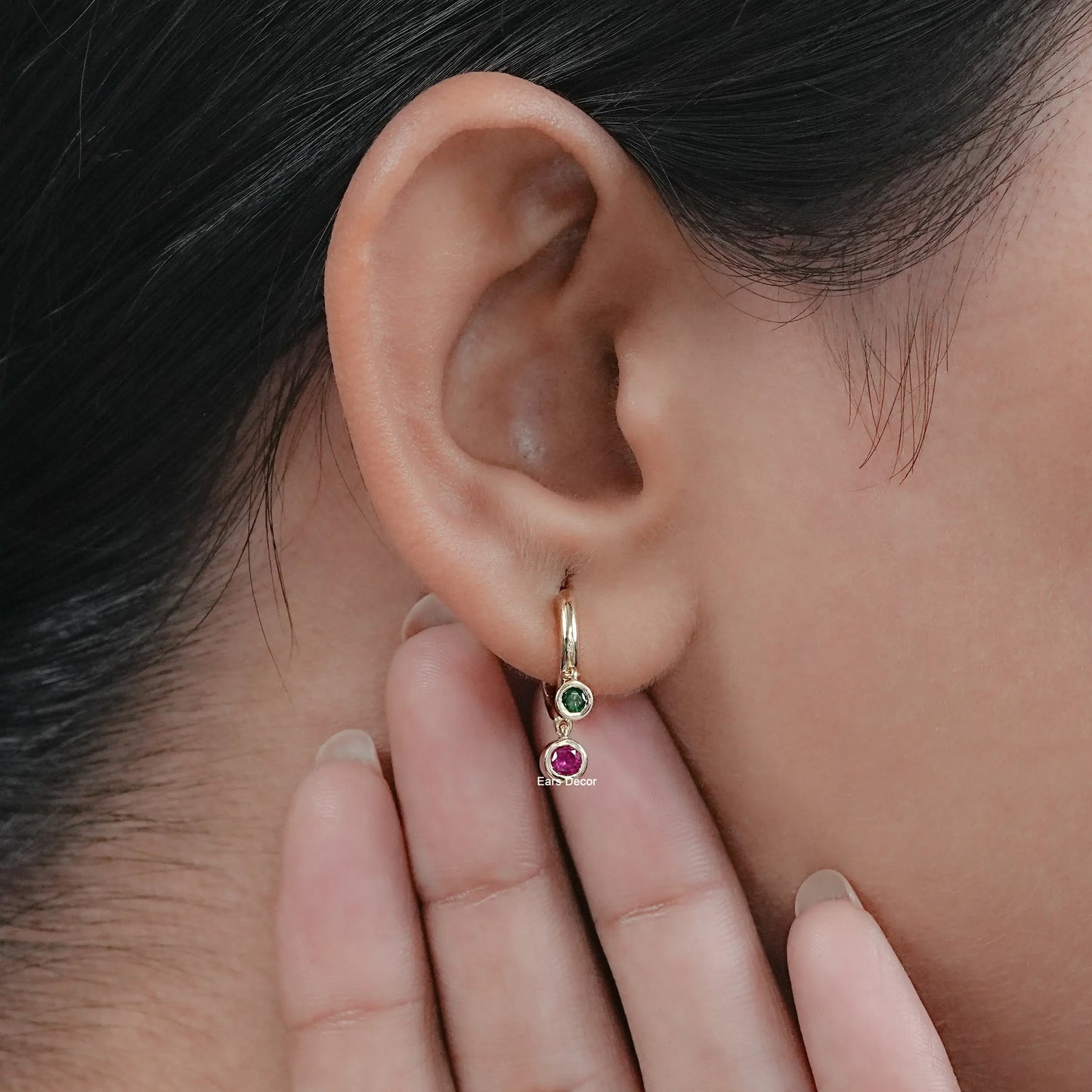 Ruby And Emerald Charm Huggie Hoop Earrings