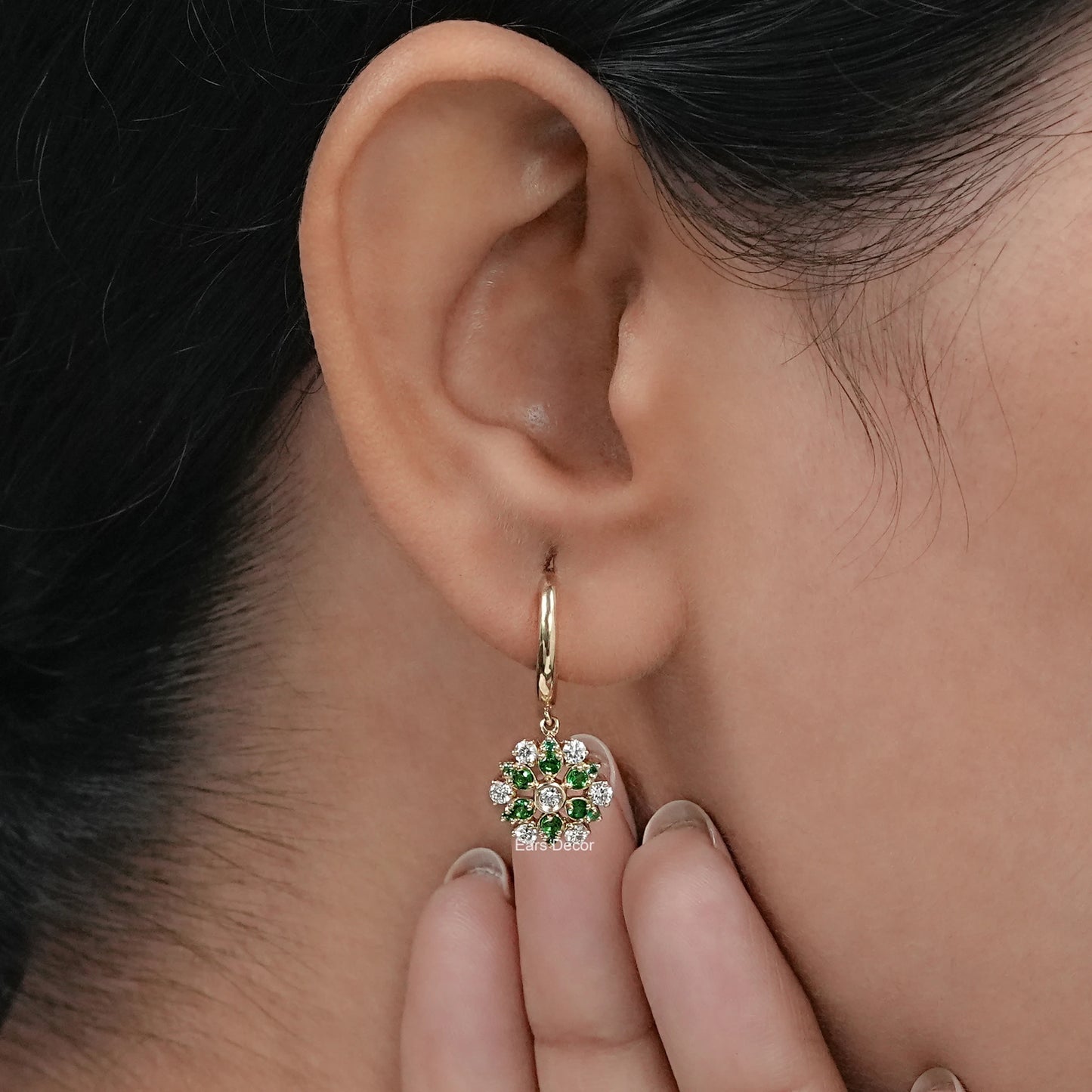 Emerald Round Gemstone And Diamond Petite Dangle Earrings