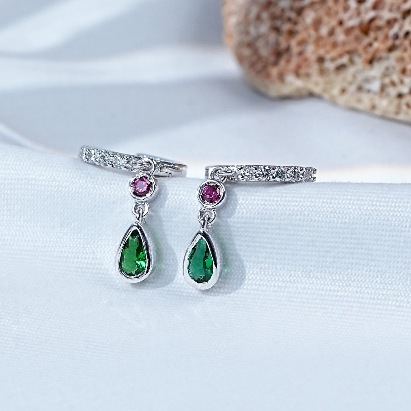 Green Pear and Red Round Gemstone Huggie Hoop Earring