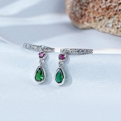 Green Pear and Red Round Gemstone Huggie Hoop Earring