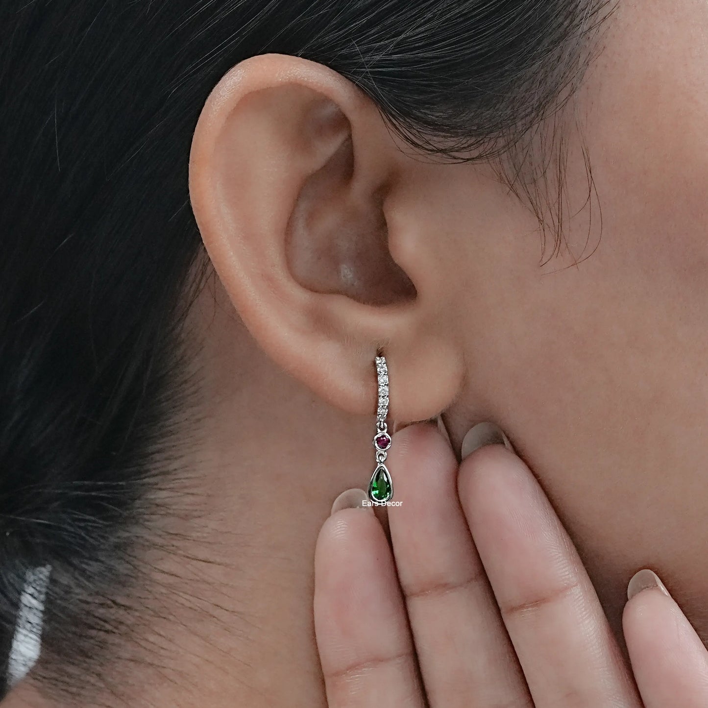 Green Pear and Red Round Gemstone Huggie Hoop Earring