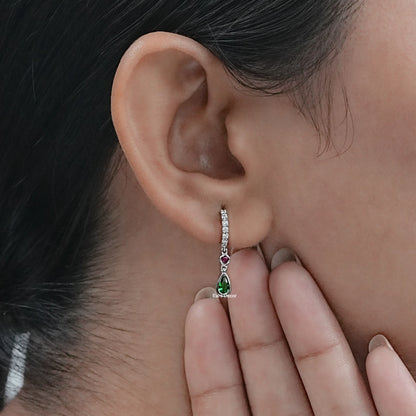 Green Pear and Red Round Gemstone Huggie Hoop Earring