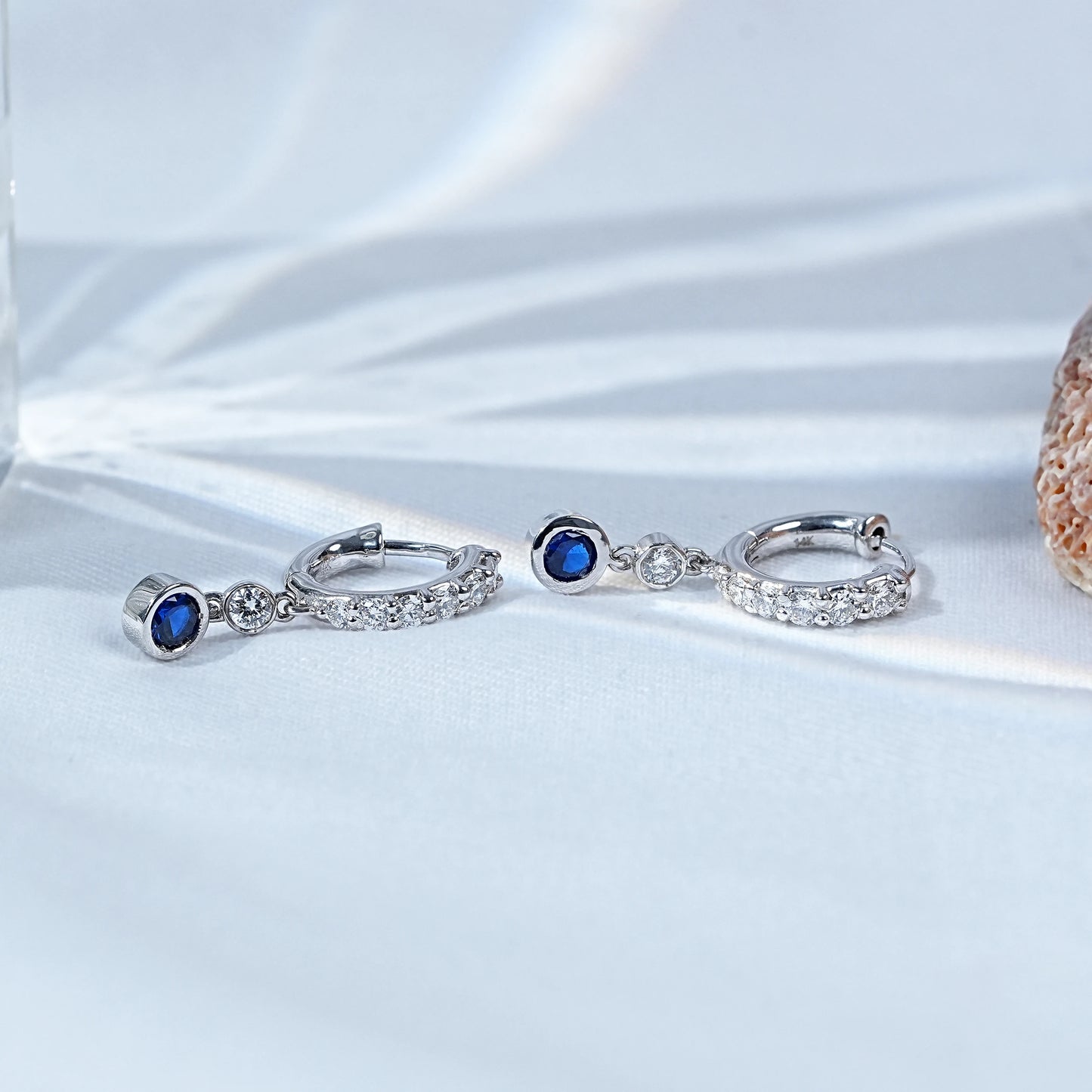 Bezel Set Sapphire Round Diamond Drop Huggie Earrings