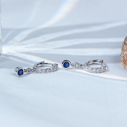 Bezel Set Sapphire Round Diamond Drop Huggie Earrings