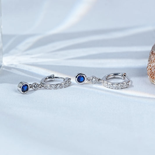 Bezel Set Sapphire Round Diamond Drop Huggie Earrings