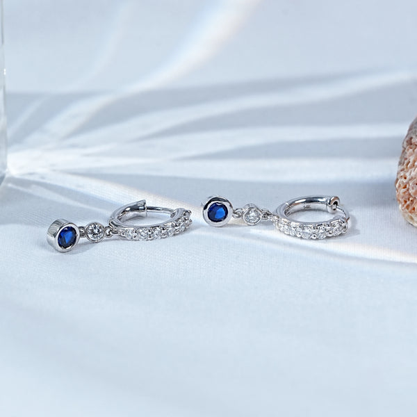 Bezel Set Sapphire Round Diamond Drop Huggie Earrings