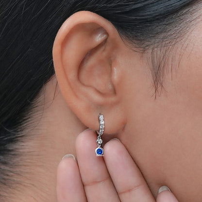 Bezel Set Sapphire Round Diamond Drop Huggie Earrings