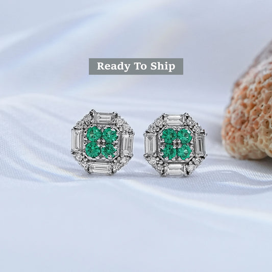 Emerald Round And Baguette Cut Diamond Square Cluster Earrings
