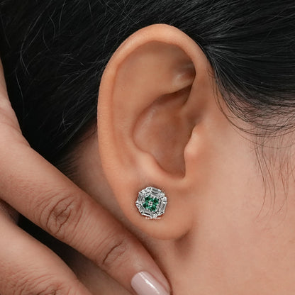 Emerald Round And Baguette Cut Diamond Square Cluster Earrings