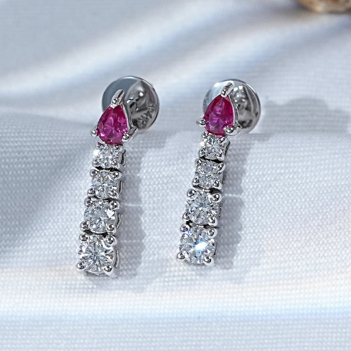 Pear Ruby And Round Diamond Tennis Drop Earrings
