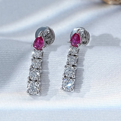 Pear Ruby And Round Diamond Tennis Drop Earrings