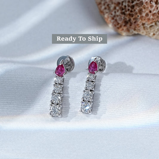 Pear Ruby and Round Diamond Tennis Earrings