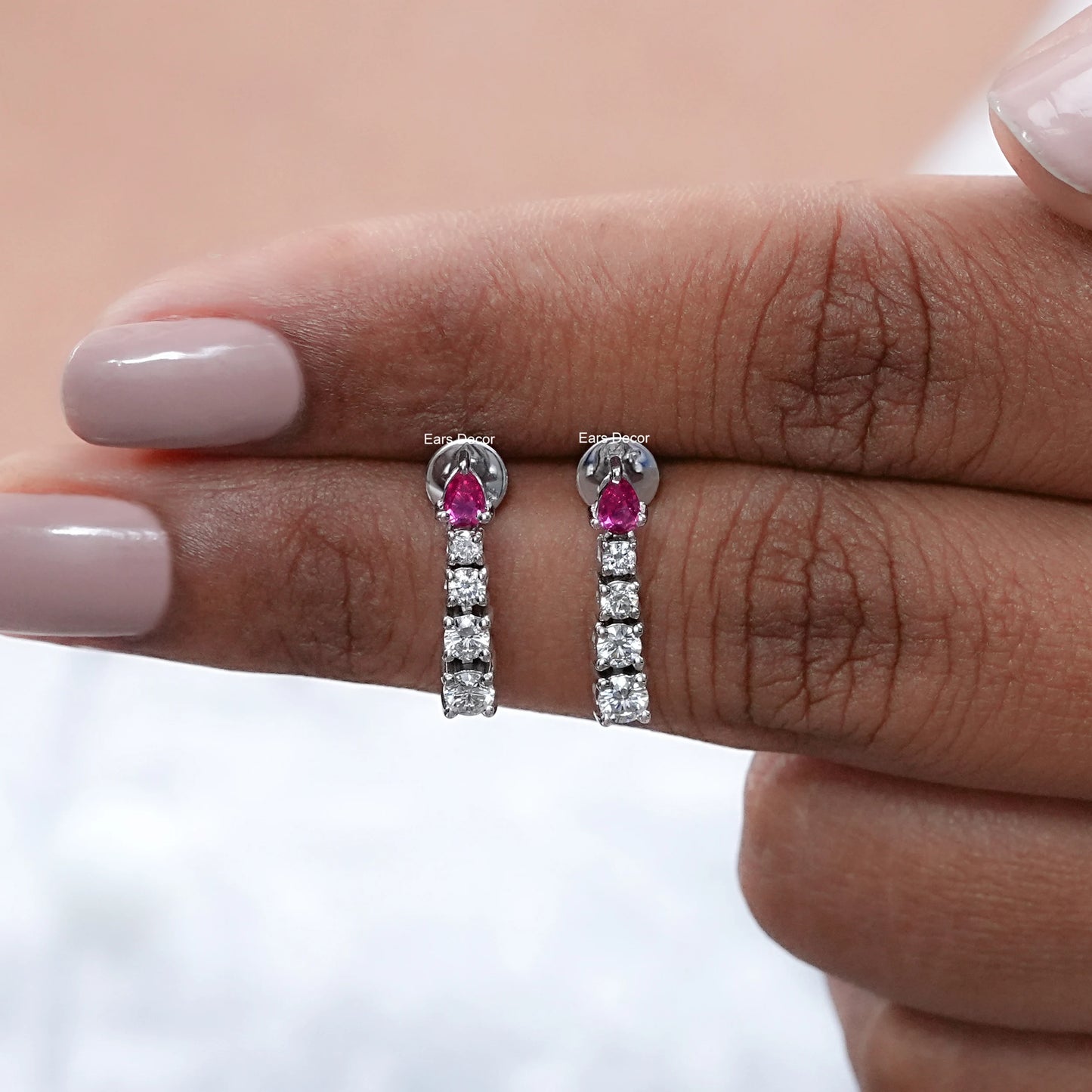 Pear Ruby and Round Diamond Tennis Earrings