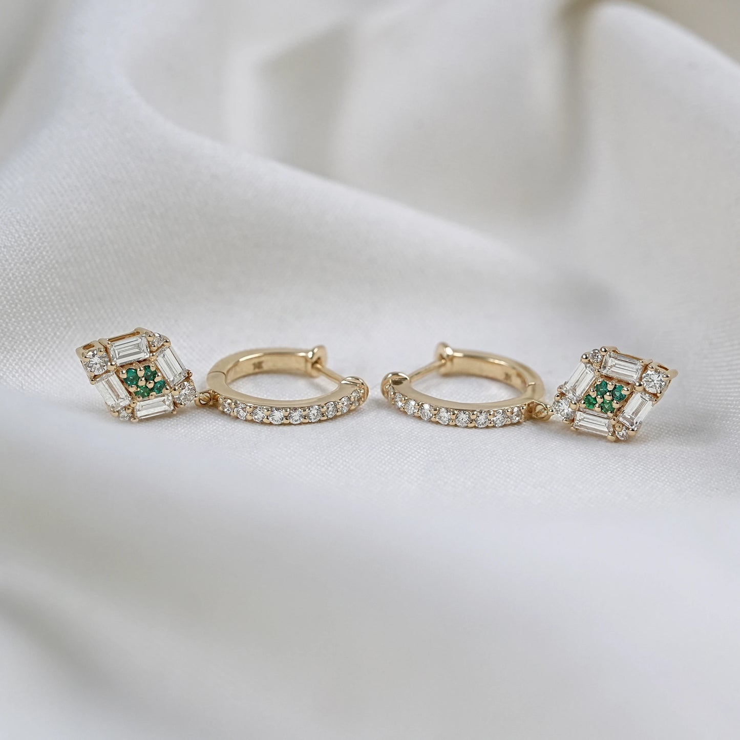 Baguette And Round Green Diamond  Dangle Drop Earrings
