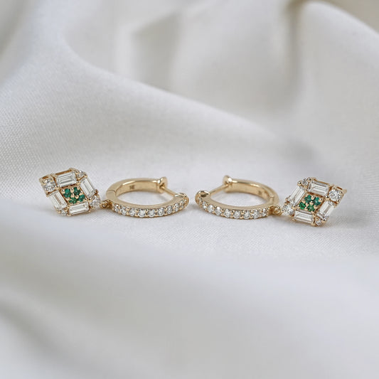Baguette And Round Green Diamond  Dangle Drop Earrings