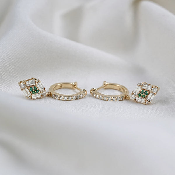 Baguette And Round Green Diamond  Dangle Drop Earrings